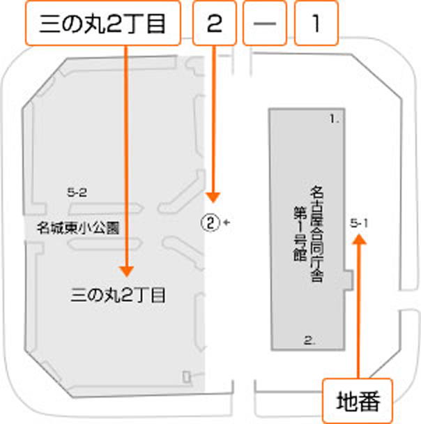 住居表示から地番を調べる 名古屋市中区三の丸2丁目2-1の例